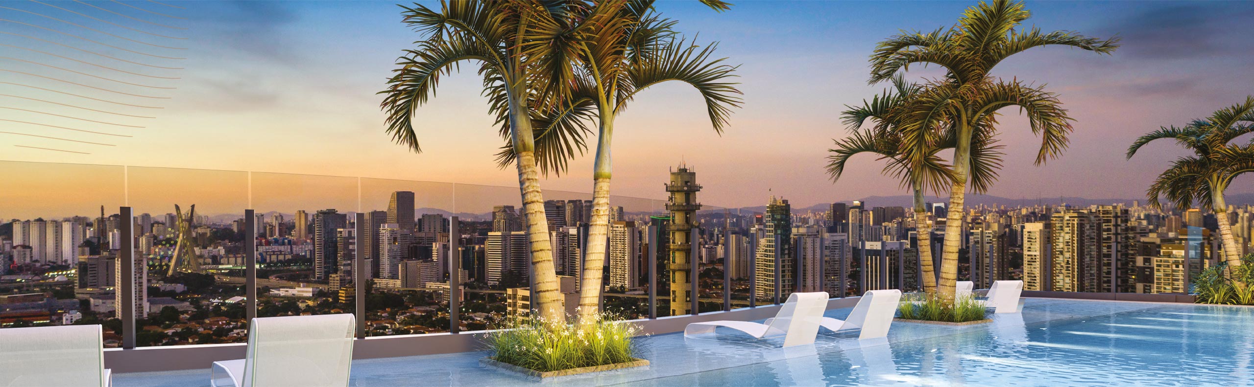 Render da piscina na cobertura do Air Brooklin, com o skyline de São Paulo ao entardecer