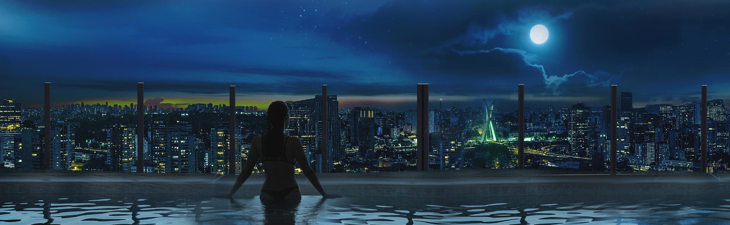Render noturno do Arkadio: piscina de borda infinita diante da cidade e da lua