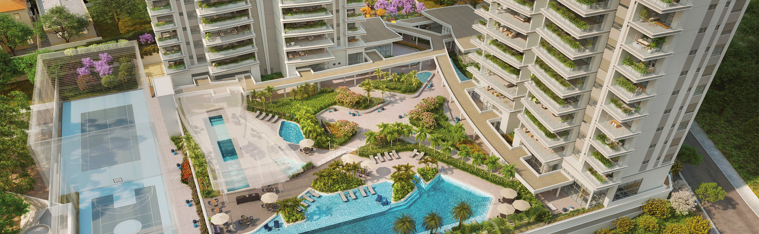 Render aéreo das torres e da área de lazer do Lindenberg Ibirapuera